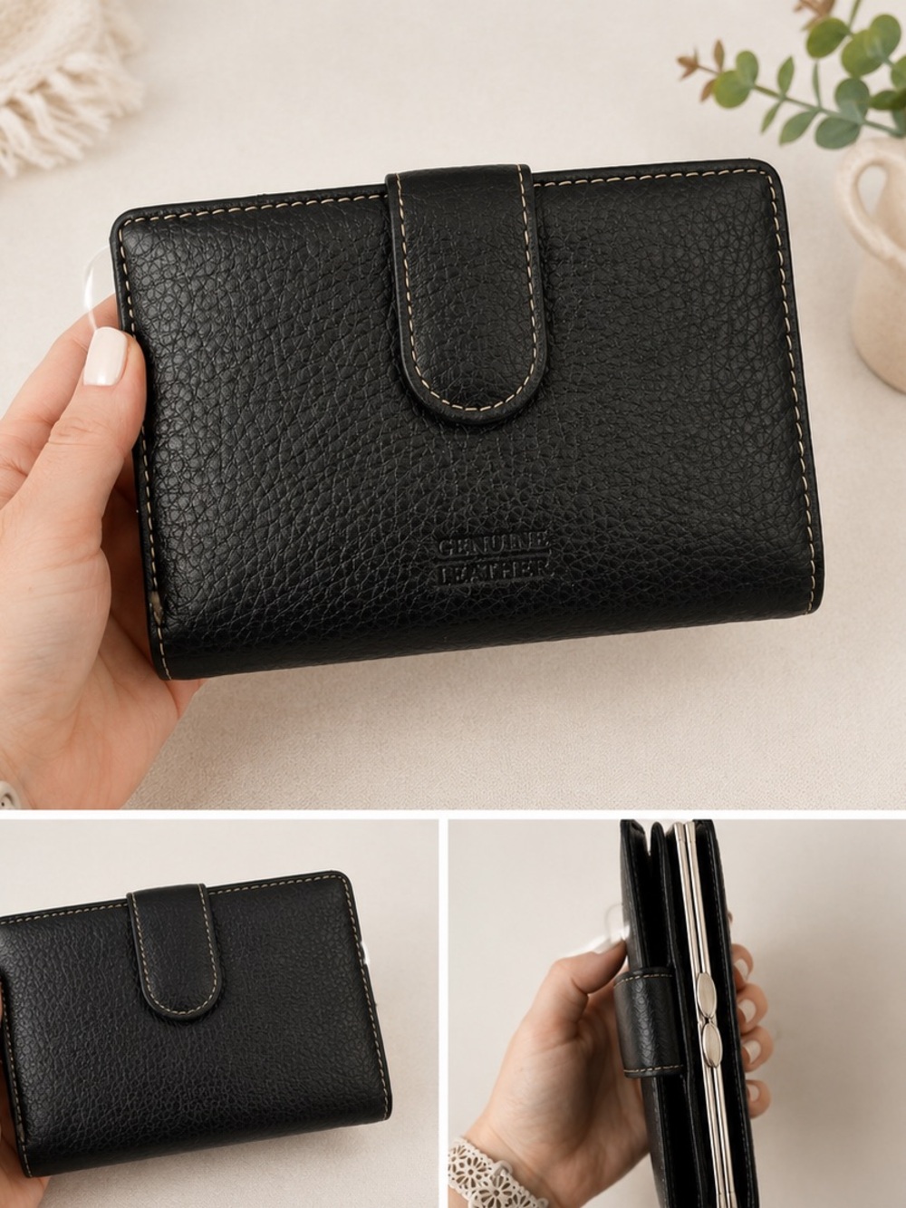 Black Genuine Leather Organizer Wallet | Snap Closure | Card Slots & Coin Purse